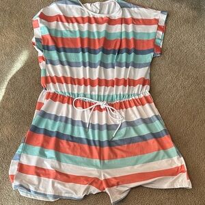 SHEIN Coral, Mint & Light Blue Striped Drawstring Romper
